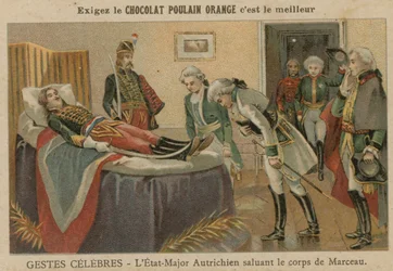 Officers of the Austrian staff saluting the body of General Marceau after his death at Altenkirchen, Germany, 1796